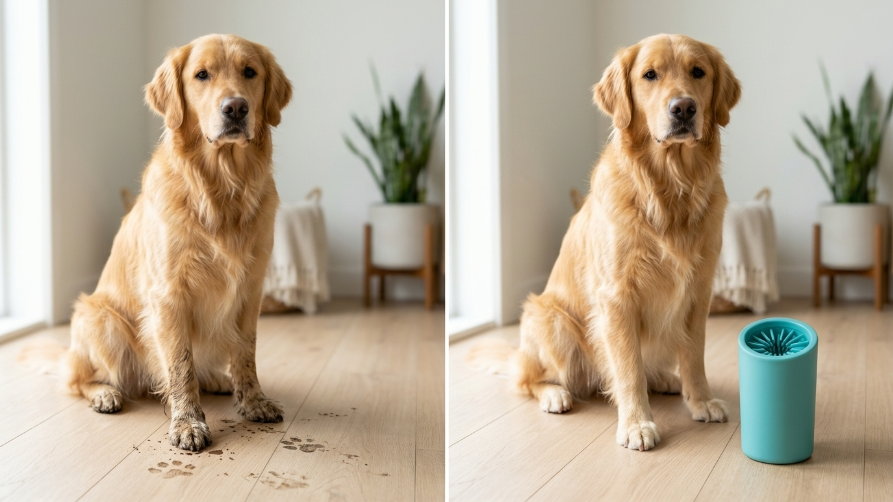 Before and after view of a muddy dog paw cleaned with Mivella PawClean