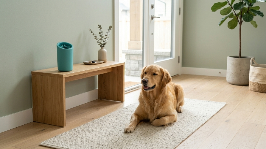 Golden retriever relaxing in a clean home with Mivella PawClean nearby