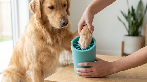 Golden retriever paw being gently placed into the teal Mivella PawClean dog paw cleaner