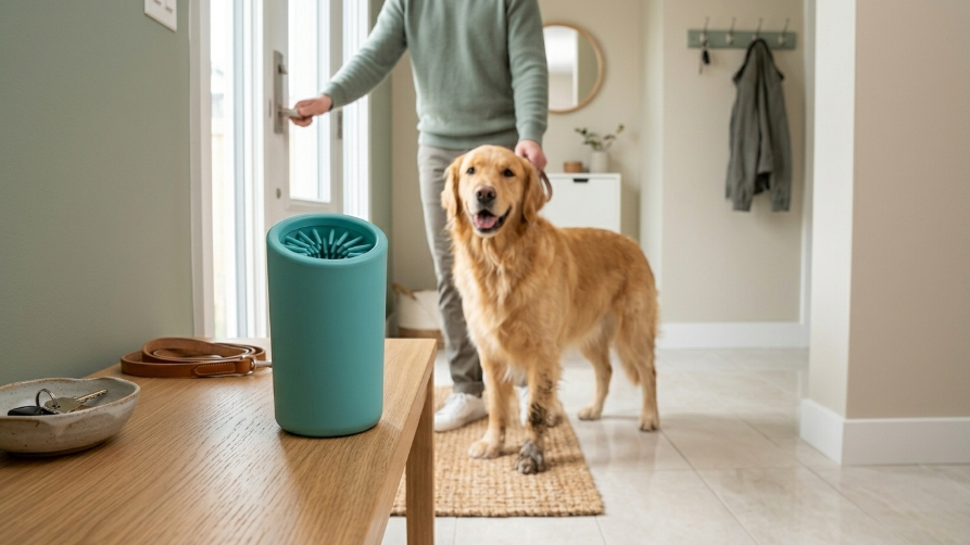 Golden retriever arriving home after a walk with Mivella PawClean ready near the entryway